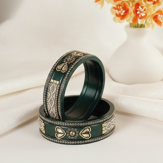 Traditional Dark Green Golden Zircon & White Moti Bangle Set (Set of 6)