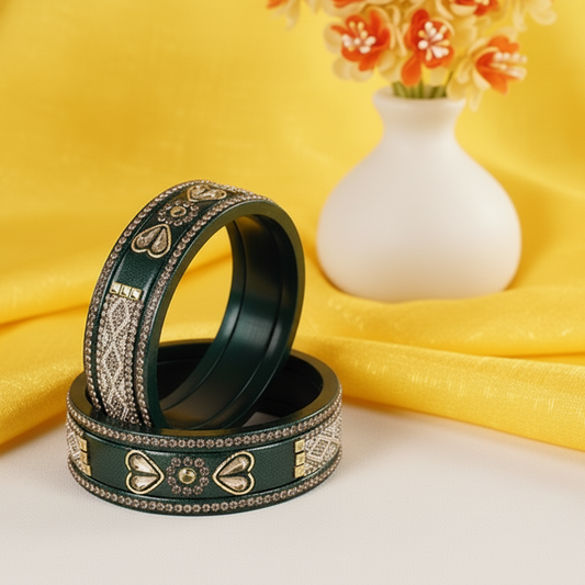 Traditional Dark Green Golden Zircon & White Moti Bangle Set (Set of 6)