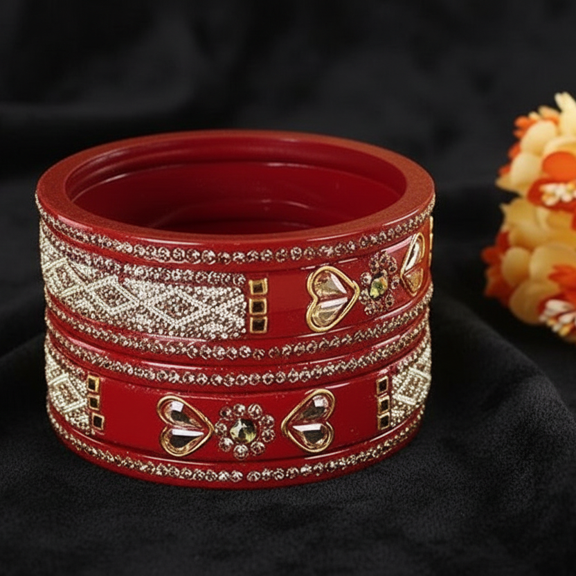 The Golden Zircon Diamond & Kundan Work Red Bangle Set with White Moti (Set of 6)