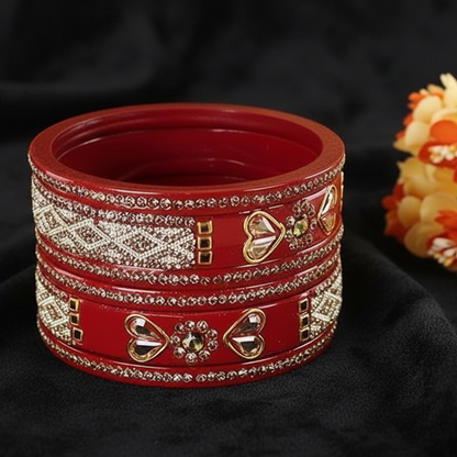 The Golden Zircon Diamond & Kundan Work Red Bangle Set with White Moti (Set of 6)