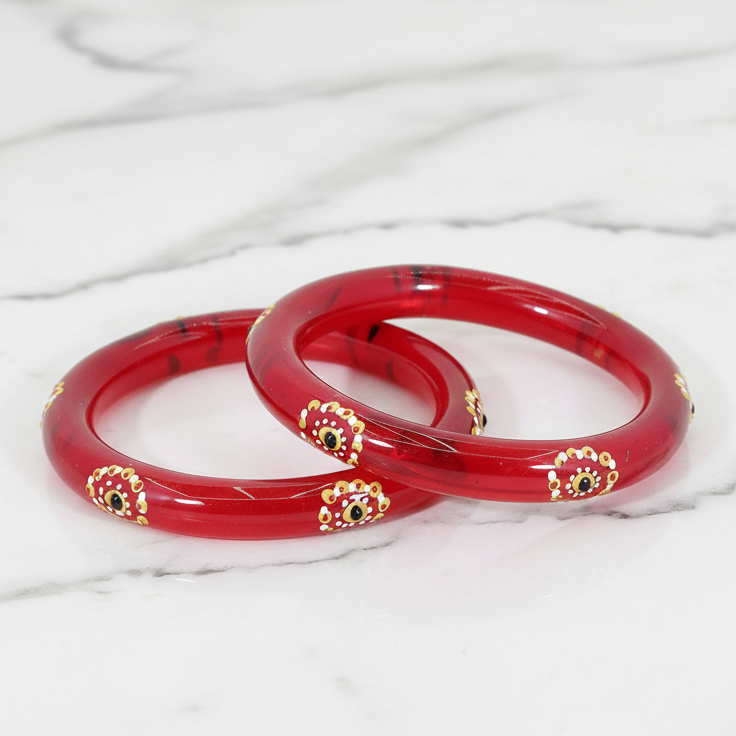 Belgium Kada Glass Bangles | Red Color with Floral Design | Traditional Pack of 2