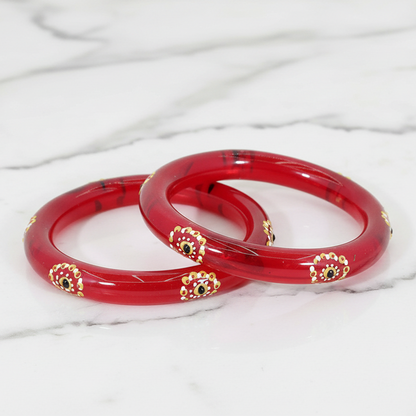 Belgium Kada Glass Bangles | Red Color with Floral Design | Traditional Pack of 2