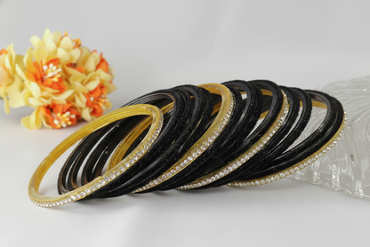 Black Velvet & Glass Bangles Set with Stone Work – Pack of 32