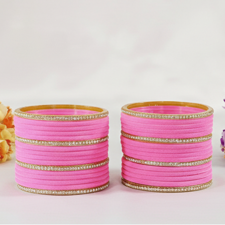 Pink Velvet & Glass Bangles Set with Stone Work – Pack of 32