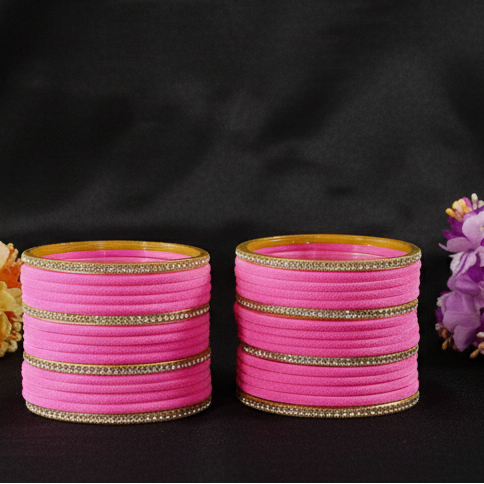 Pink Velvet & Glass Bangles Set with Stone Work – Pack of 32