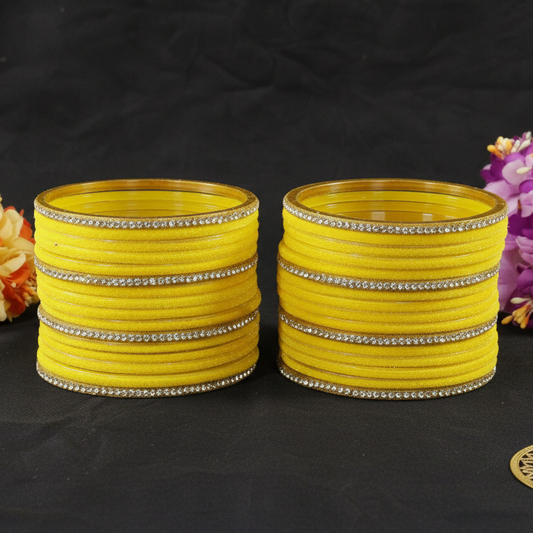 Yellow Velvet & Glass Bangles Set with Stone Work – Pack of 32