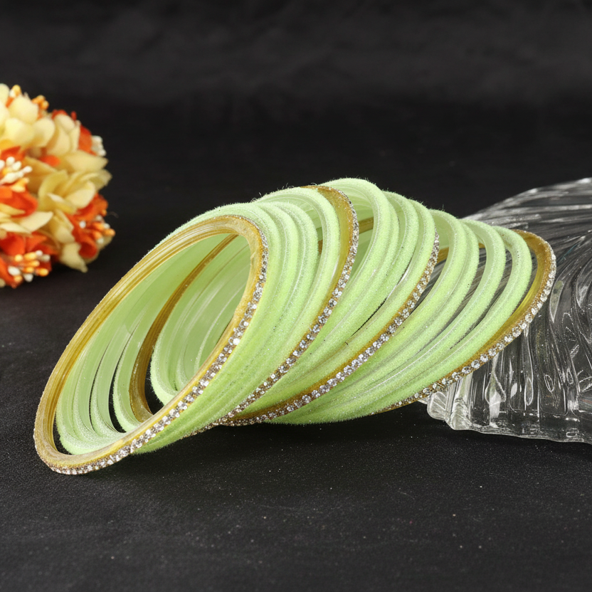 Pista Green Velvet & Glass Bangles Set with Stone Work – Pack of 32