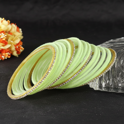 Pista Green Velvet & Glass Bangles Set with Stone Work – Pack of 32
