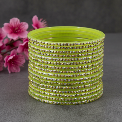Dhani Green Glass Bangles with Golden Dots & Stone Work – Pack of 36