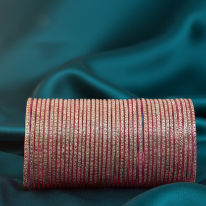 Glass Bangles Set – Pack of 36 | Pink Color with Polka Dots & Glitter Design