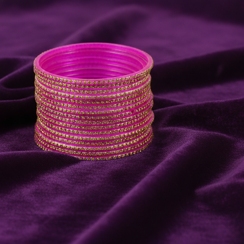 Glass Bangles Set – Pack of 36 | Pink Color with Polka Dots & Glitter Design