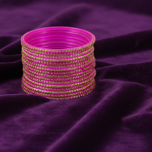 Glass Bangles Set – Pack of 36 | Pink Color with Polka Dots & Glitter Design