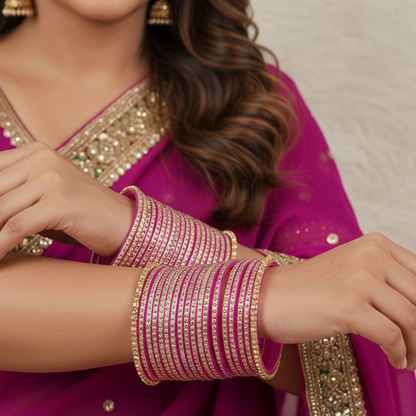 Glass Bangles Set – Pack of 36 | Pink Color with Polka Dots & Glitter Design