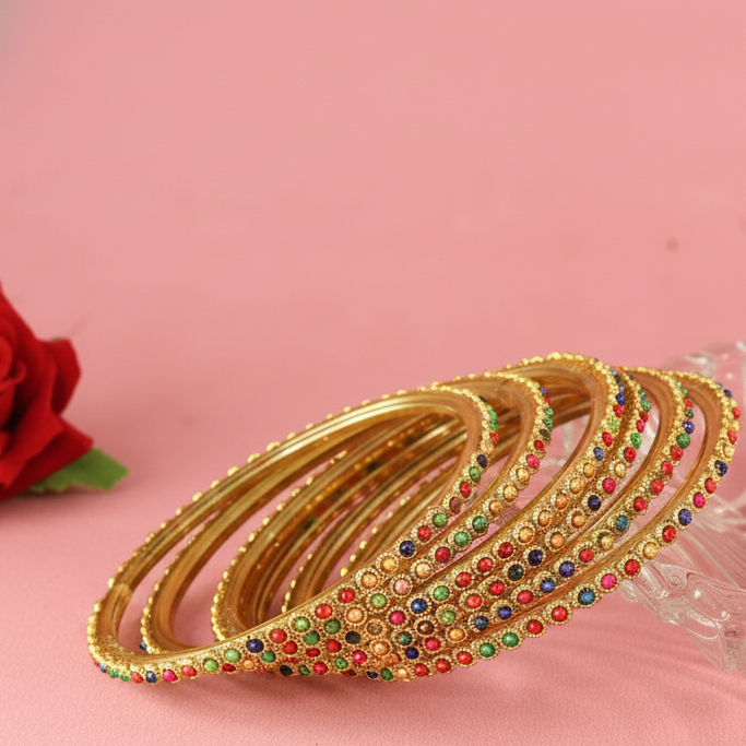 Royal Multicolor Glass Bangles with Golden Accents | Pack of 12