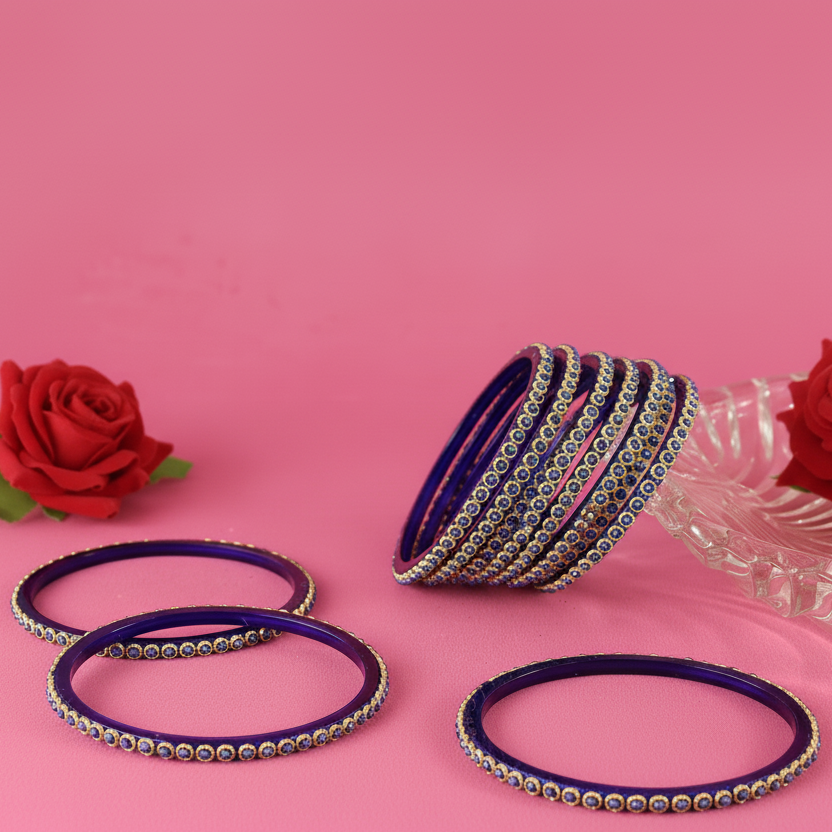Regal Shine – Royal Blue & Gold Glass Bangles (12 Pieces)