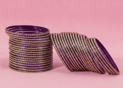 Glass Bangles Set – Pack of 36 | Purple with Polka Dots & Glitter Design