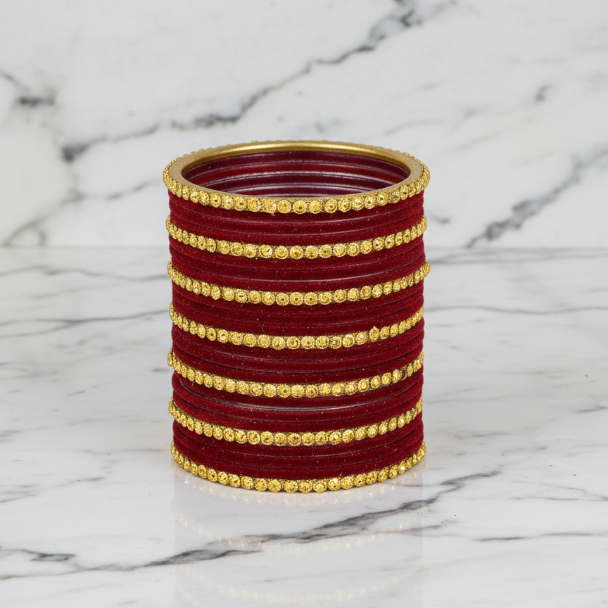Royal Glow – Maroon Velvet & Glass Bangles Set (34 Pieces)