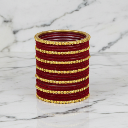 Royal Glow – Maroon Velvet & Glass Bangles Set (34 Pieces)