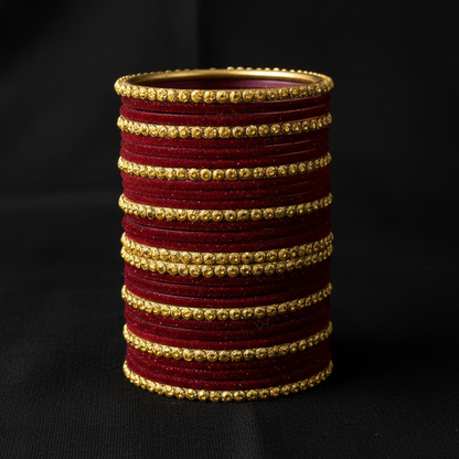 Royal Glow – Maroon Velvet & Glass Bangles Set (34 Pieces)