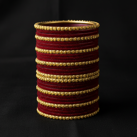 Royal Glow – Maroon Velvet & Glass Bangles Set (34 Pieces)