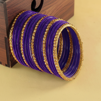 Premium Glass & Golden Beads Velvet Bangles Set – Pack of 34 (Jamuni Color)