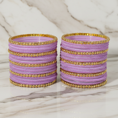 Premium Glass & Golden Beads Velvet Bangles Set – Pack of 34 (Light Purple Color)