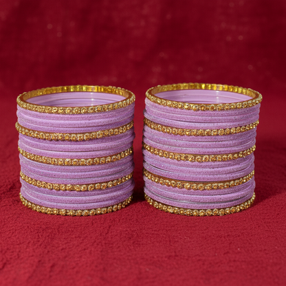 Premium Glass & Golden Beads Velvet Bangles Set – Pack of 34 (Light Purple Color)