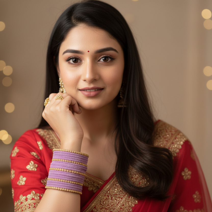 Premium Glass & Golden Beads Velvet Bangles Set – Pack of 34 (Light Purple Color)