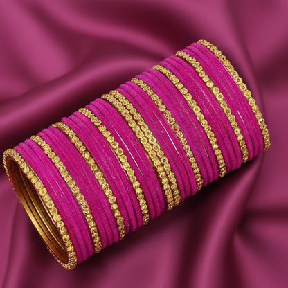 Premium Glass & Golden Beads Velvet Bangles Set – Pack of 34 (Magenta Color)
