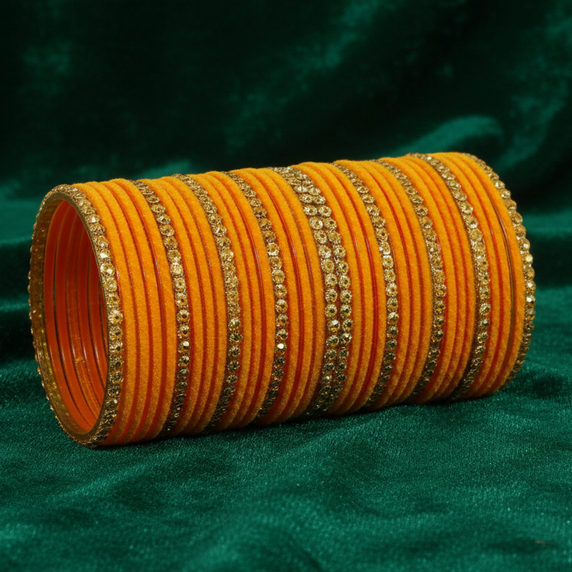 Premium Glass & Golden Beads Velvet Bangles Set – Pack of 34 (Orange Color)