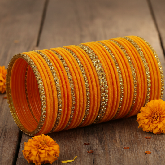 Premium Glass & Golden Beads Velvet Bangles Set – Pack of 34 (Orange Color)