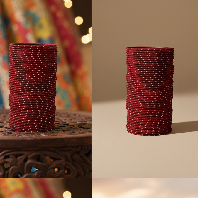 Elegant Maroon Metal Bangles with Golden Dot Design – Pack of 48