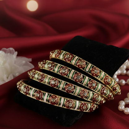 Golden Metal Kada Bangles with Red & Green Enamel Floral Design – Pack of 4