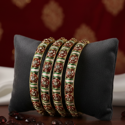 Golden Metal Kada Bangles with Red & Green Enamel Floral Design – Pack of 4