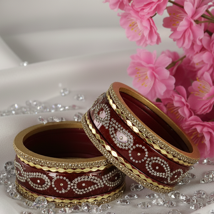 ✨ Maroon Lac Zircon Diamond Stone Bangles – Pack of 10