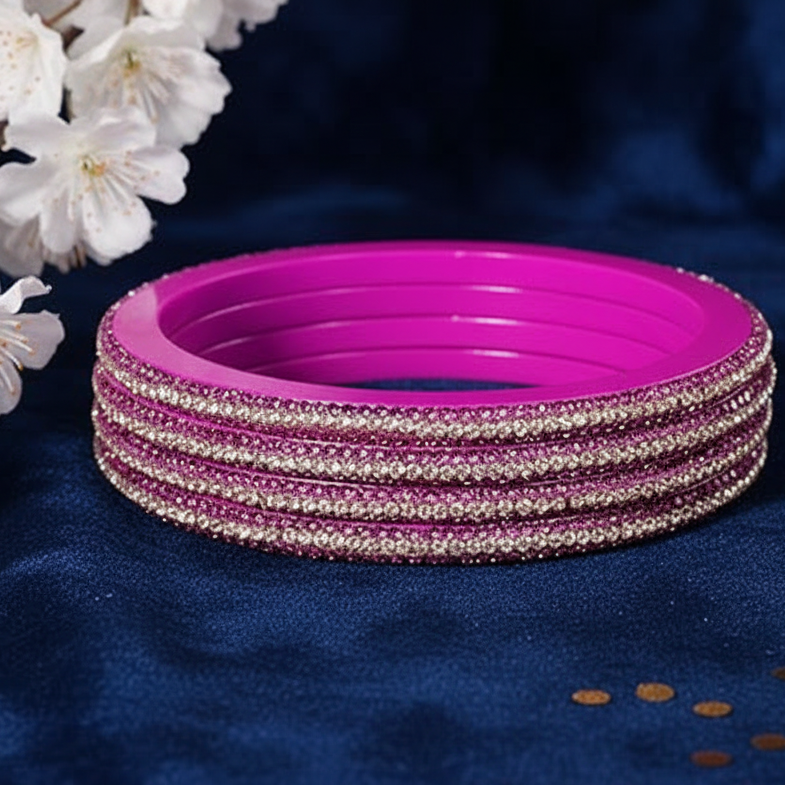 Pink Lac Bangles with Golden Zircon Diamond Stones – Pack of 4