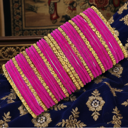 Premium Glass & Golden Beads Velvet Bangles Set – Pack of 34 (Magenta Color)