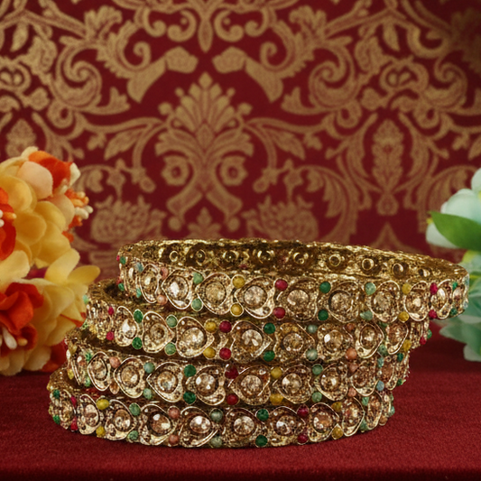 Antique Metal Bangles Set Heart Design Adorned with Zircon Stones & Beads Work For Women & Girls-Set of 4