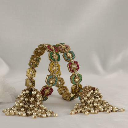 Rajwadi Metal Bangles with Latkan Jhumka Kalira | White Moti Pearl & Multi-Color Stone Work Kada for Women & Girls-Pack of 2