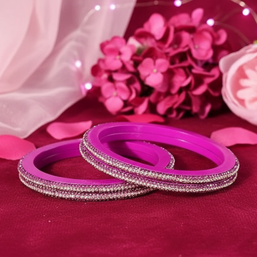 Pink Lac Bangles with Golden Zircon Diamond Stones – Pack of 4