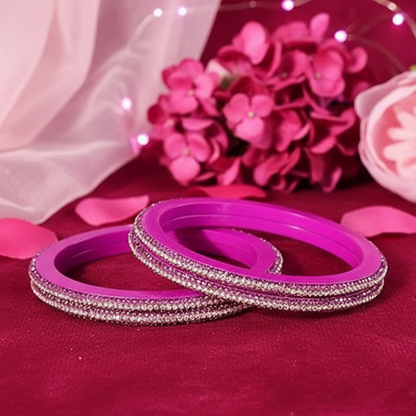 Pink Lac Bangles with Golden Zircon Diamond Stones – Pack of 4