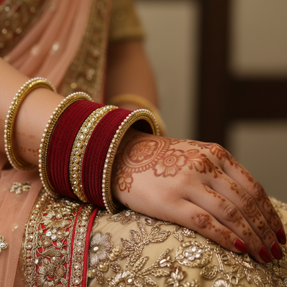 Maroon Velvet Zircon Bridal Chuda Set – Gold-Plated Metal Bangles with Pearl Detailing