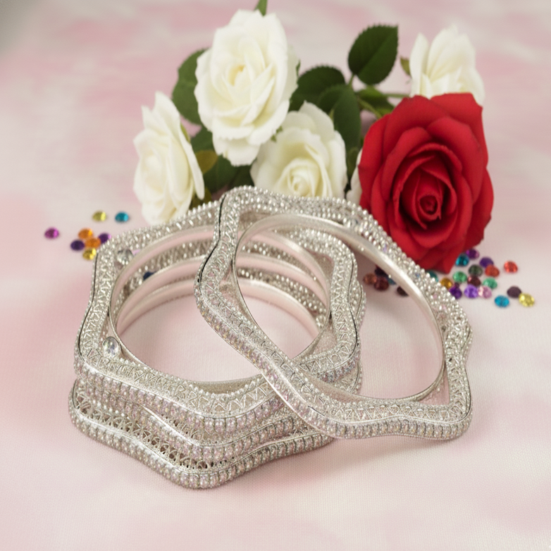 Elegant Silver Star Kada – Designer Wavy Bangle with Intricate Detailing & Glossy Finish