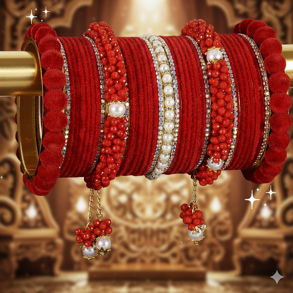 Red Velvet Bridal Chuda – Zircon, Bead & Kada Detailing set of 2