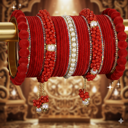 Red Velvet Bridal Chuda – Zircon, Bead & Kada Detailing set of 2