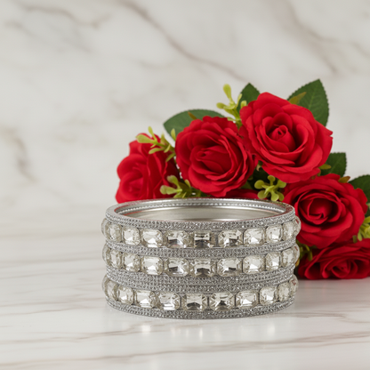 Silver Stone Bangles – Crystal-Cut Metal Set set of 2