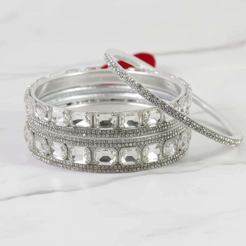 Silver Stone Bangles – Crystal-Cut Metal Set set of 2
