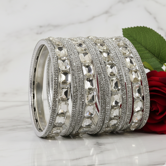 Silver Stone Bangles – Crystal-Cut Metal Set set of 2