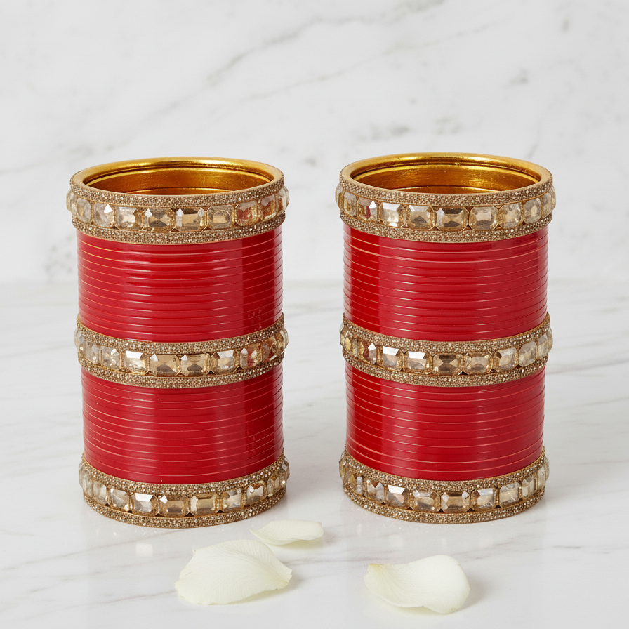Red Acrylic Bridal Chuda – With Golden Diamond-Cut Stone Kada