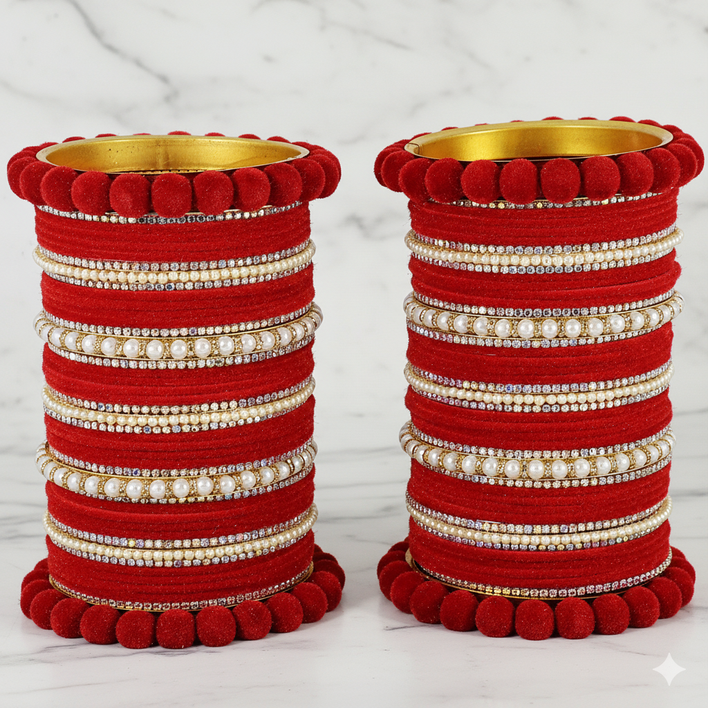 Red Velvet Bridal Chuda – With Zircon & Pearl Detailing